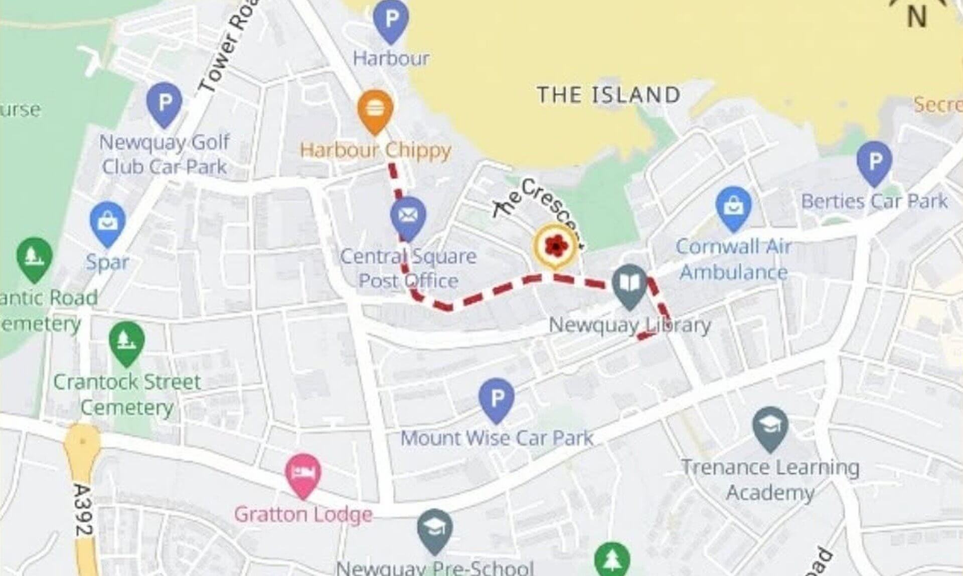 Map of the Newquay Remembrance Sunday Parade route through the town centre