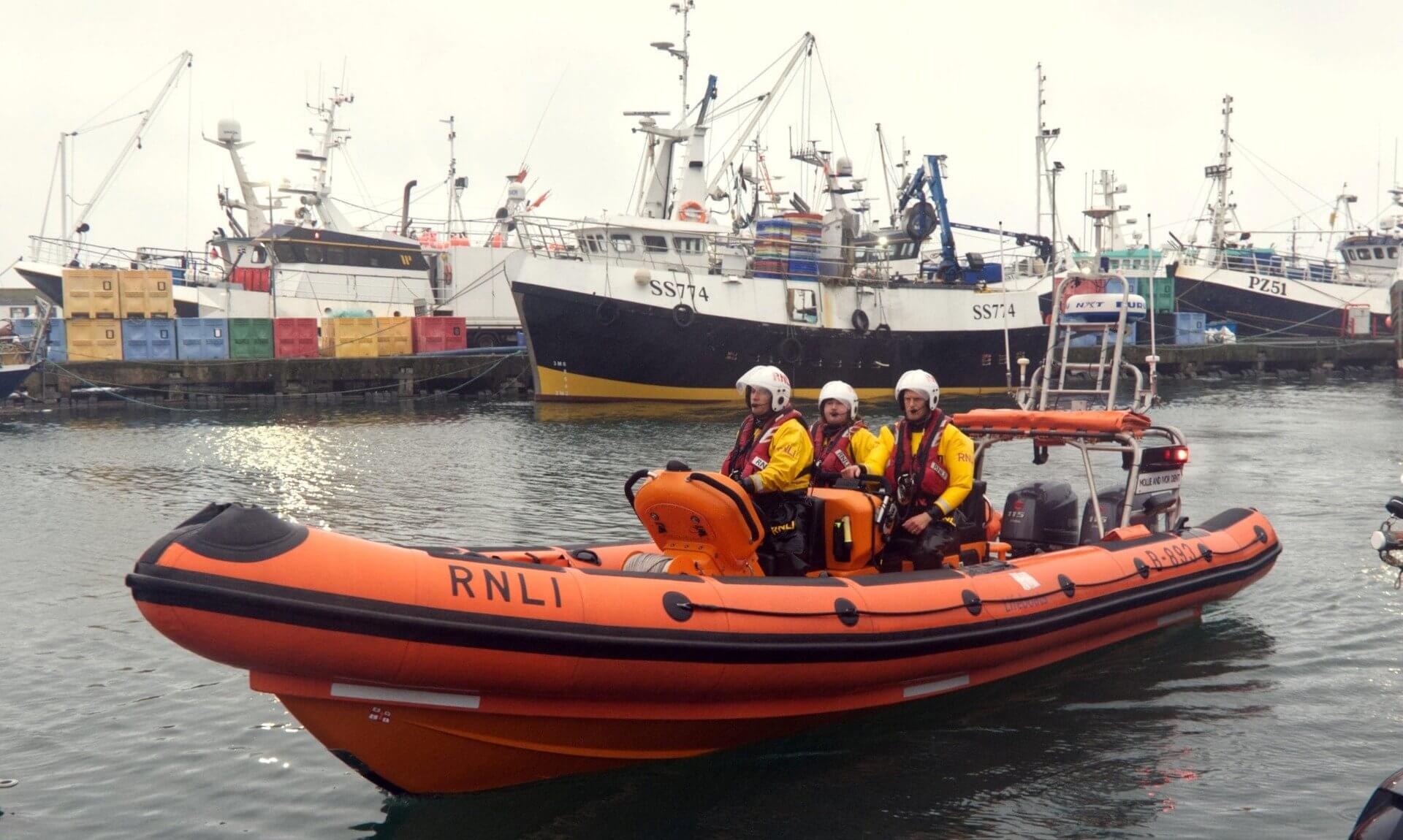 Penlee RNLI's Atlantic 85 inshore lifeboat Mollie and Ivor Dent with three volunteer crew