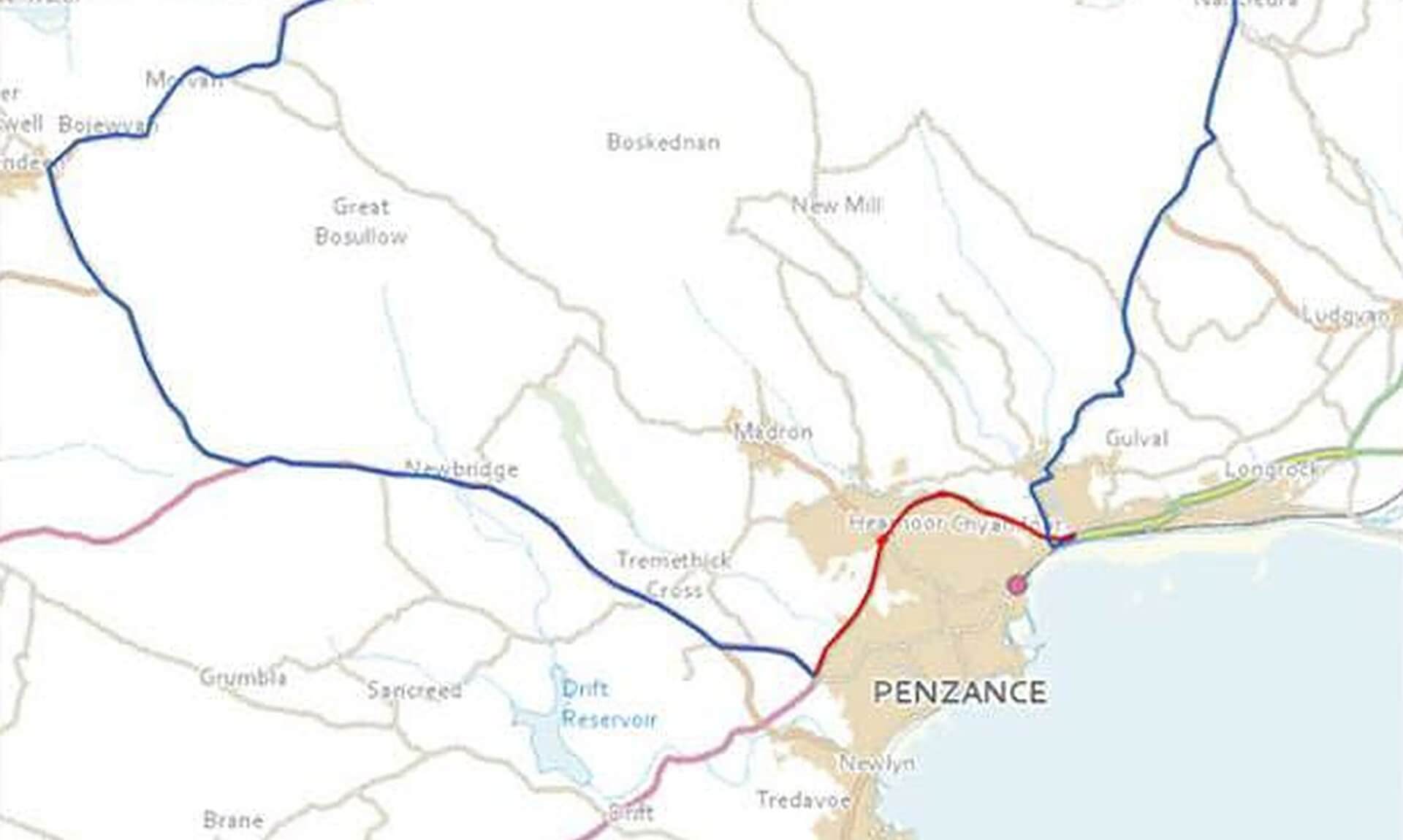 Map of the A30 Penzance Bypass closure and diversion route