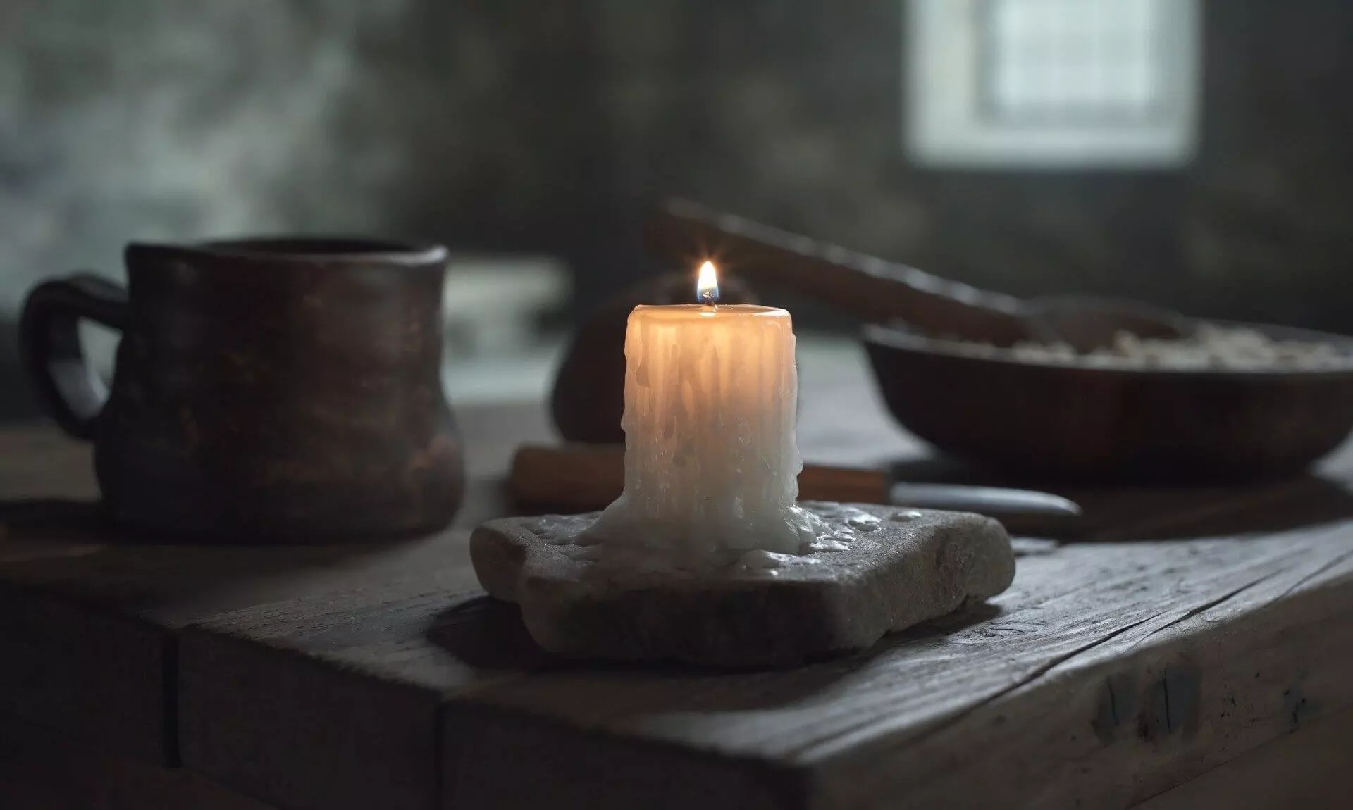 A lit candle on a wooden table in a dim room during a power cut