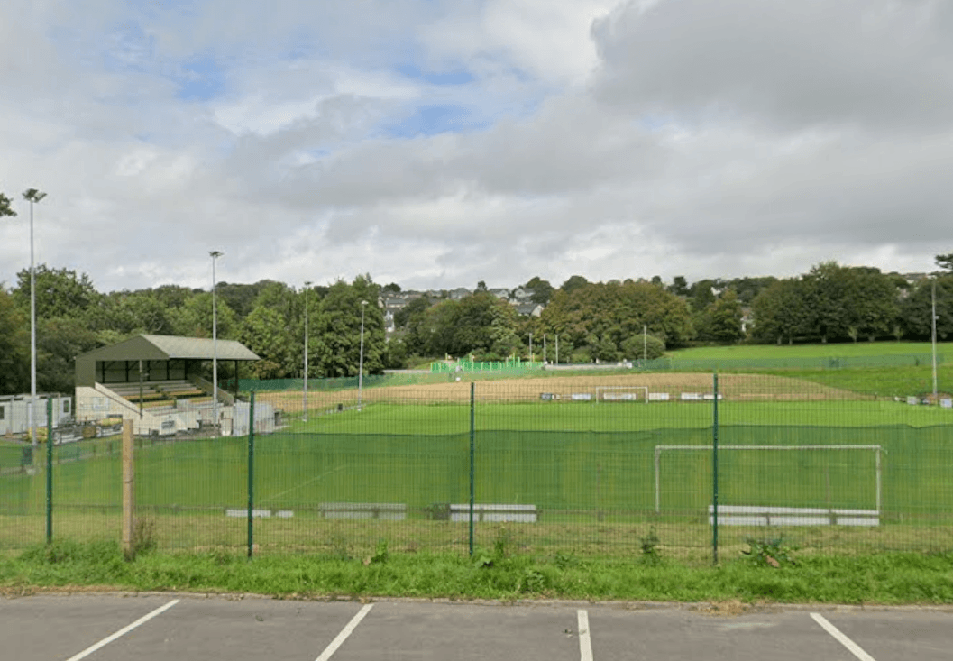 Priory Park football ground in Bodmin with its stand and pitches