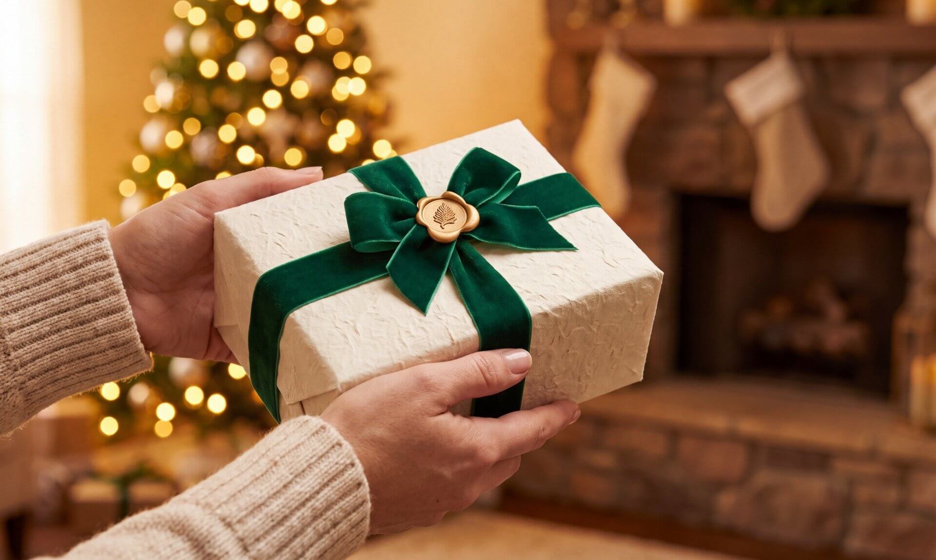 Hands holding a Christmas gift wrapped in cream paper with a green velvet bow
