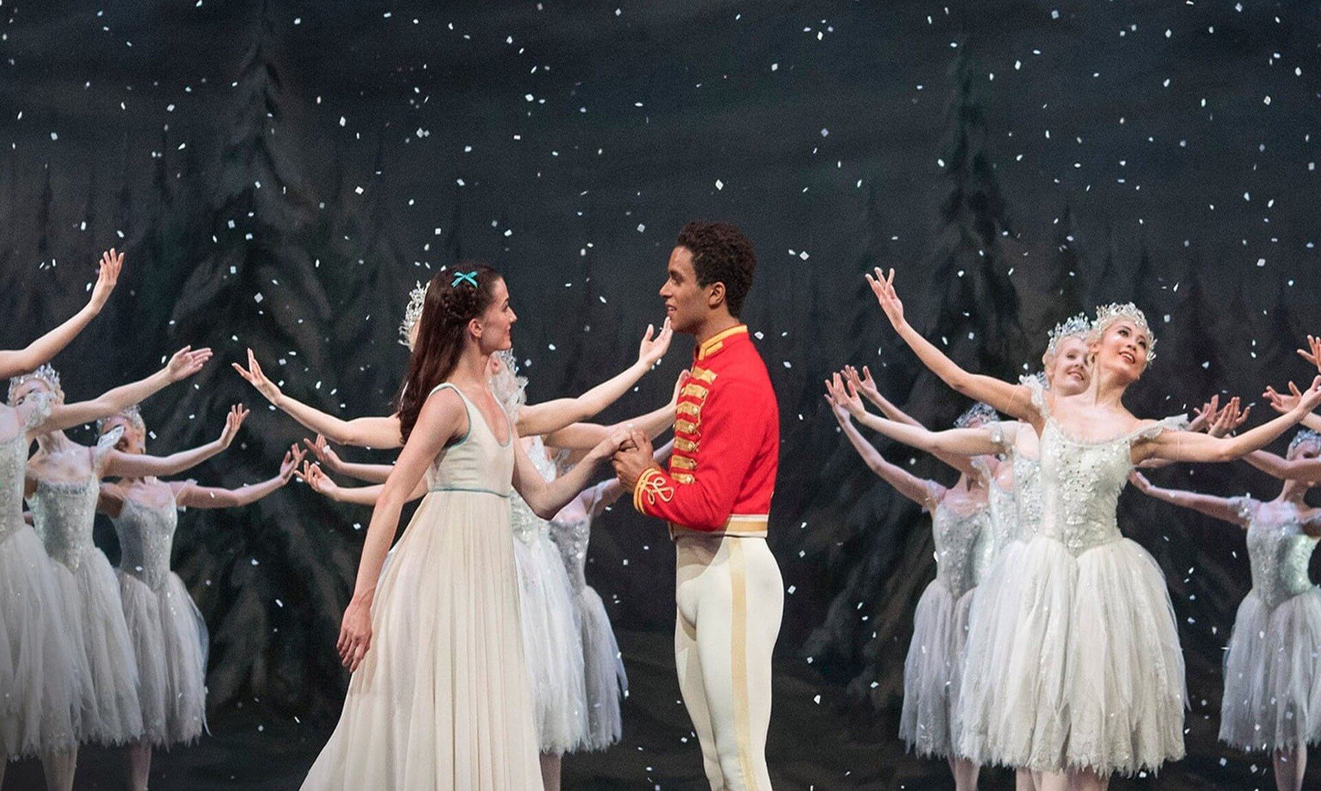 The Royal Ballet's The Nutcracker on stage with snowflake dancers