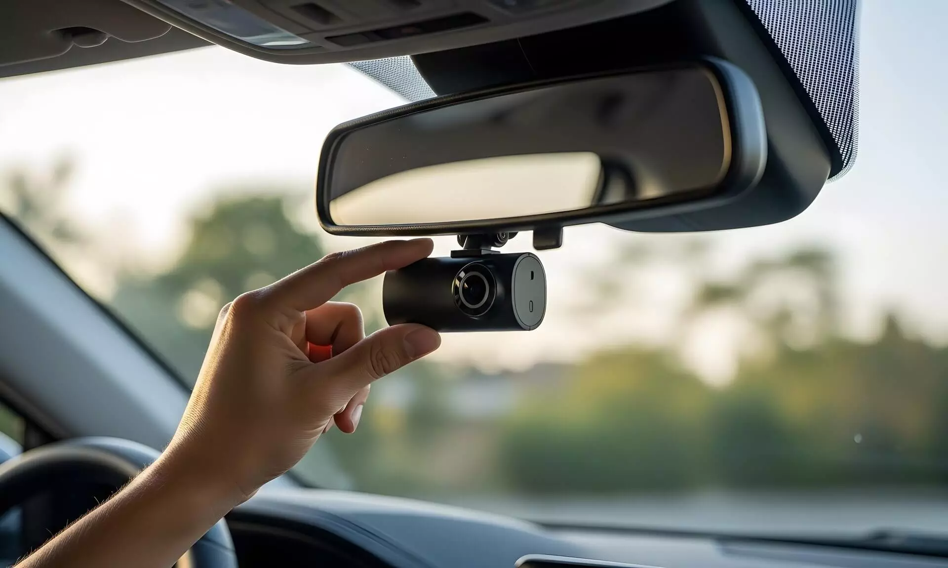 A hand adjusting a dash cam mounted below a car's rear view mirror