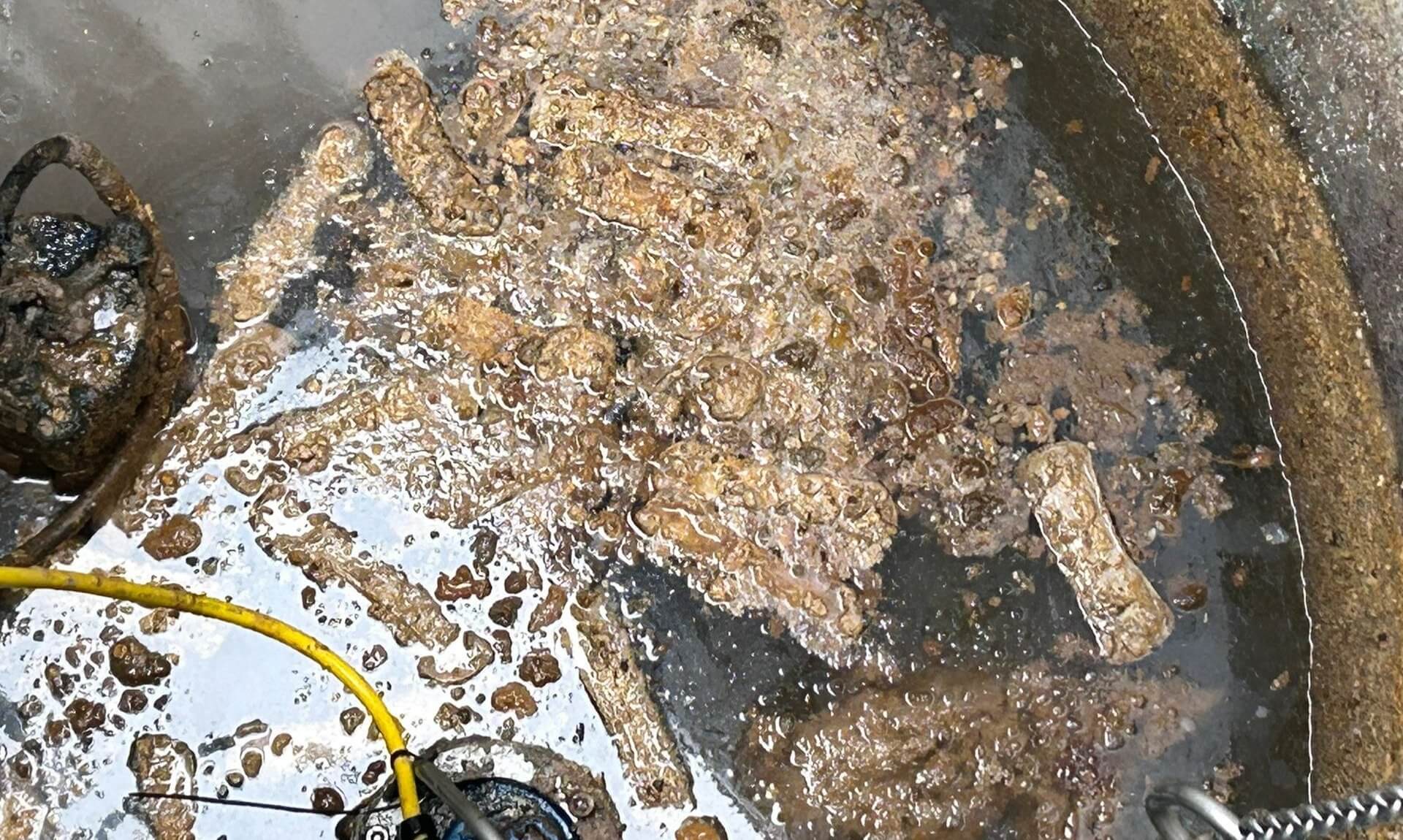 Fats, oils and grease clogging a wastewater tank