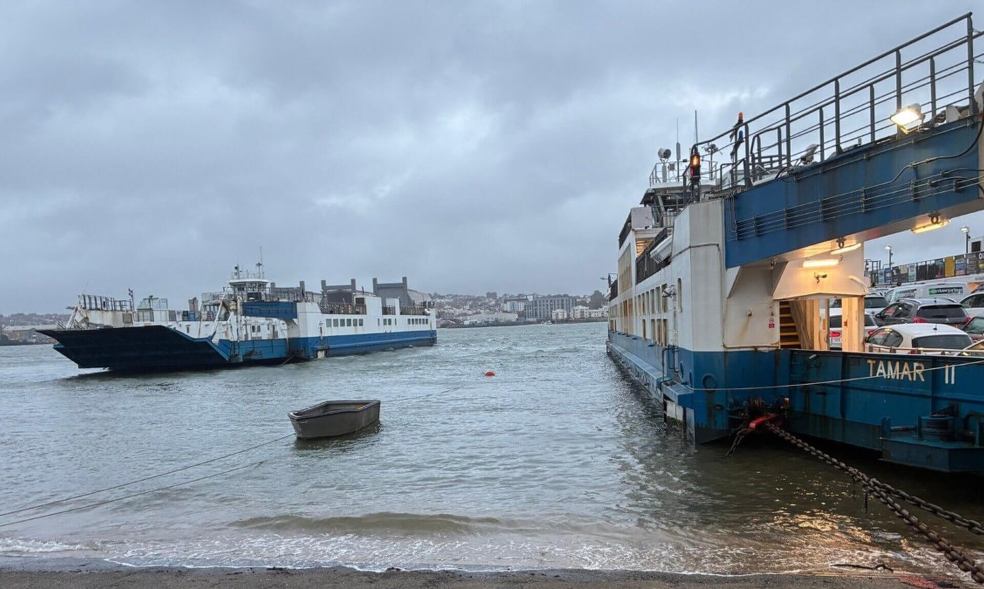 Torpoint Ferry Tamar II moored at the slipway with another ferry on the River Tamar