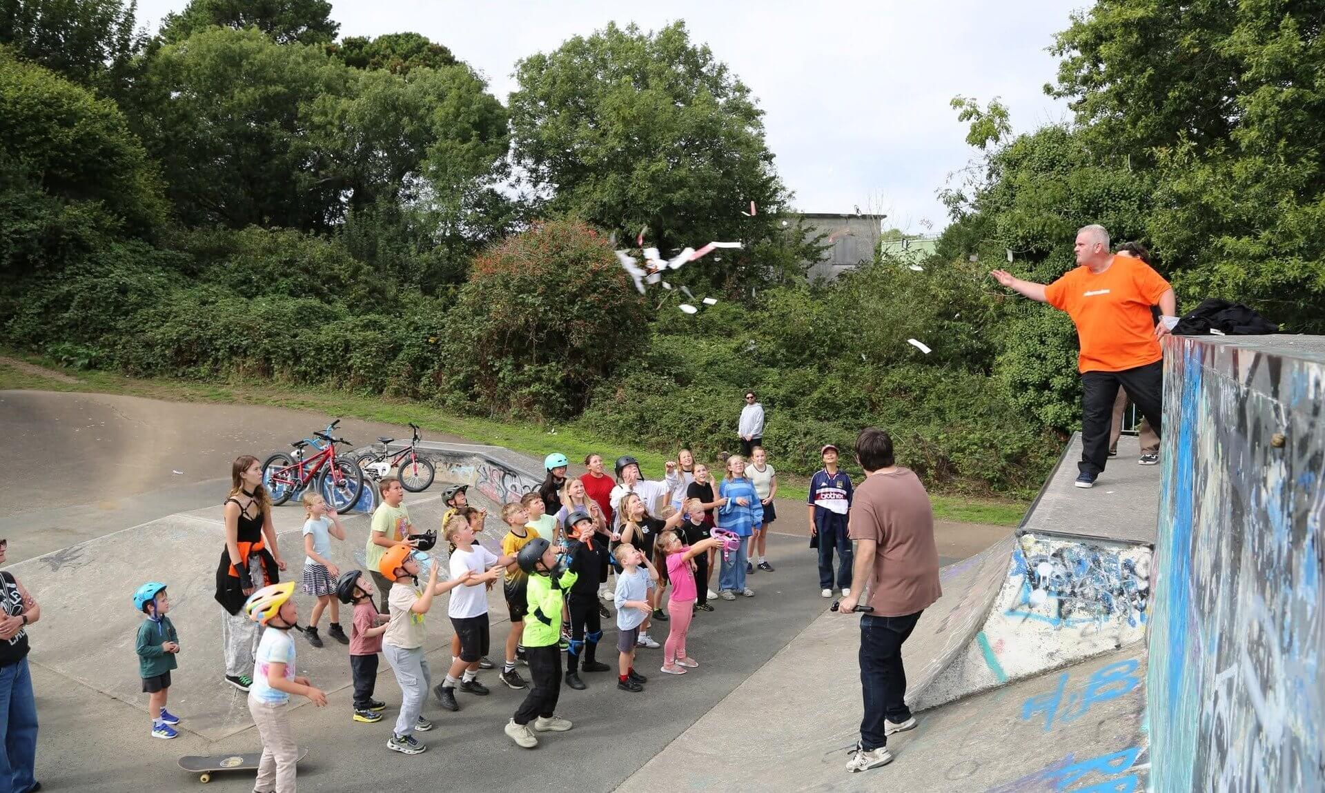 Children gathered at Torpoint skatepark during the fundraising launch