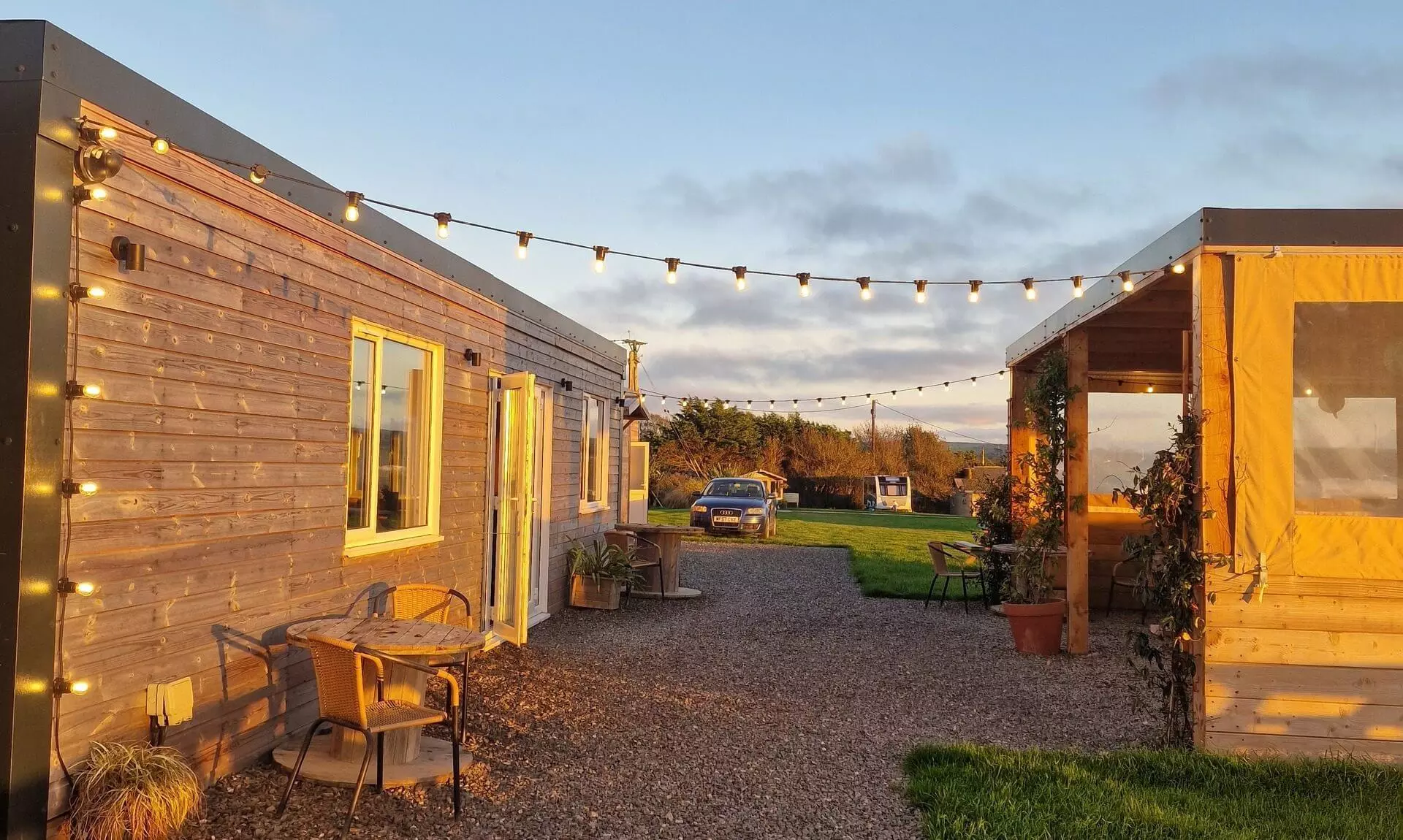 Tregavone Kitchen and Bar at Tregavone Farm Holiday Park at sunset