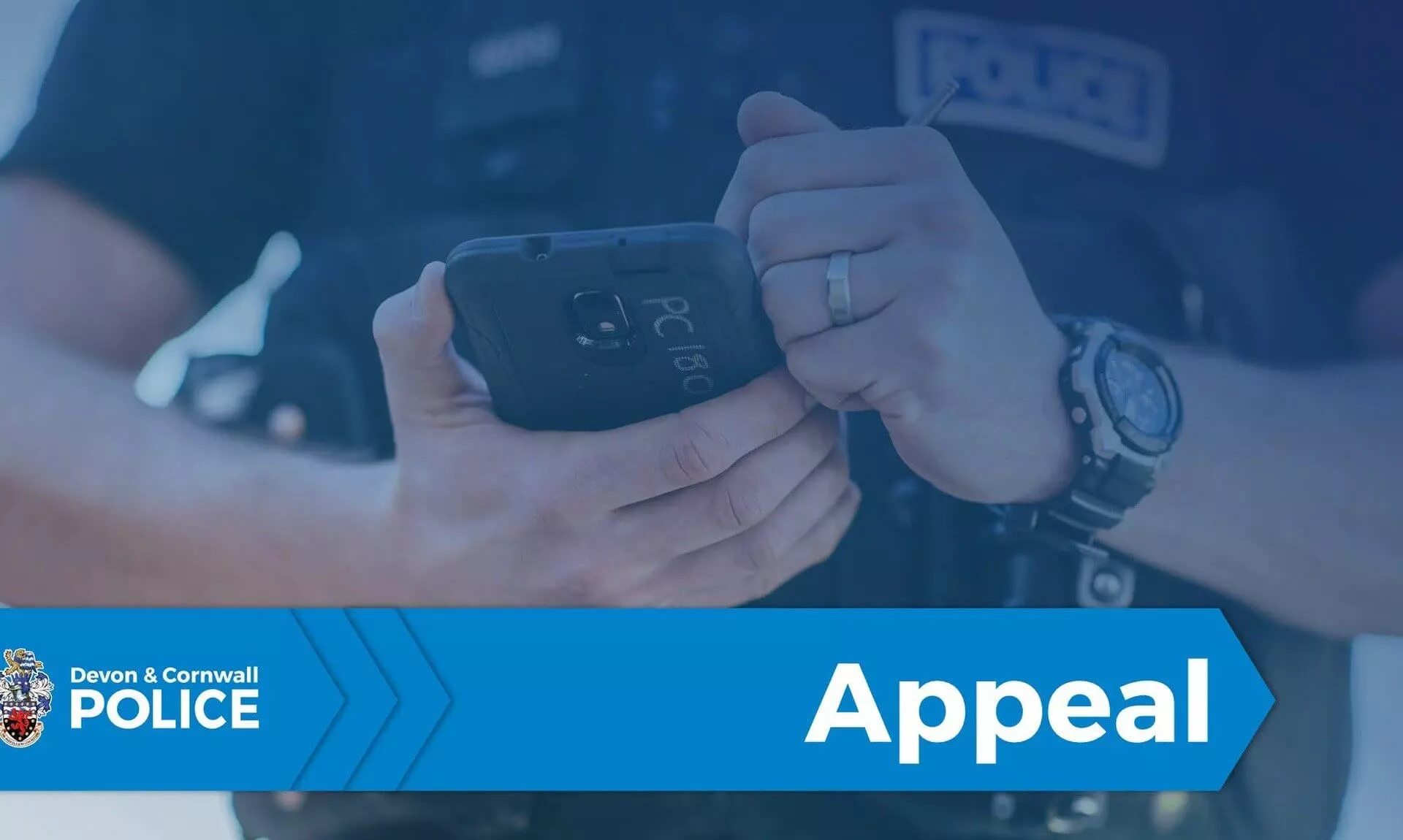 Devon and Cornwall Police appeal graphic showing an officer holding a phone