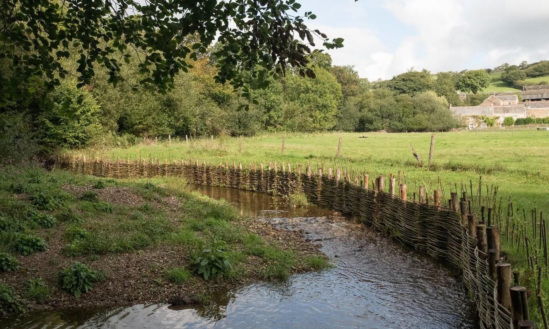 Restored riverbank with woven willow and chestnut stakes along the Lower River Ruthern at Withiel
