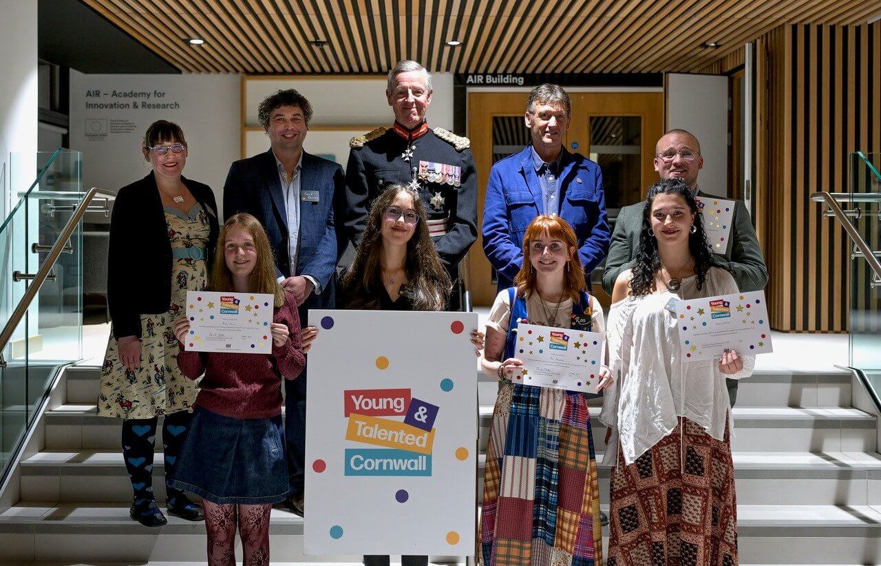 Young & Talented Cornwall creative writing award winners with the Lord Lieutenant of Cornwall at Falmouth University