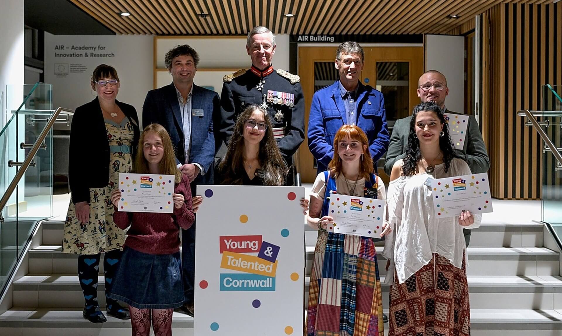 Young & Talented Cornwall creative writing award winners with the Lord Lieutenant of Cornwall at Falmouth University