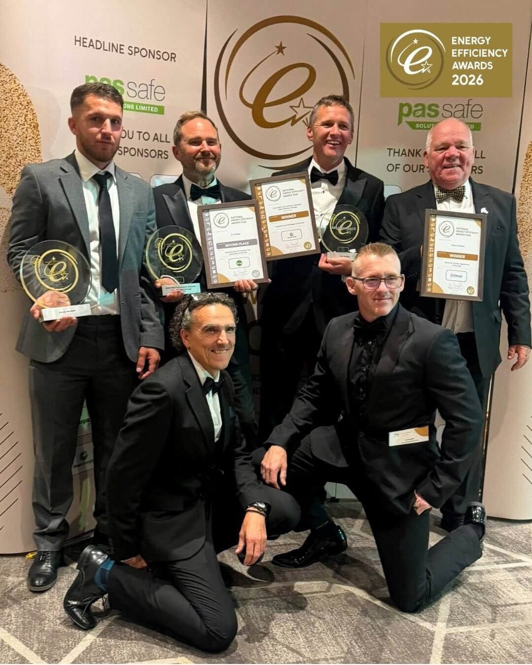 The ZLC Energy team holding trophies and framed certificates at the National Energy Efficiency Awards 2026